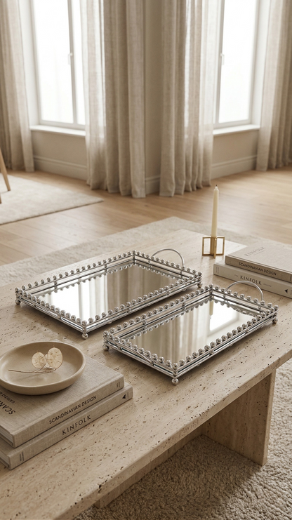 Gilded Bead Mirrored Serving Trays