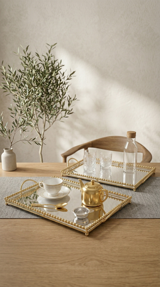 Gilded Bead Mirrored Serving Trays
