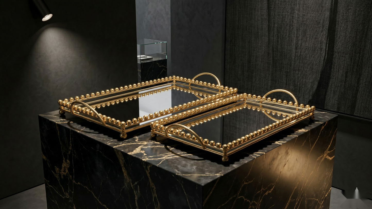 Gilded Bead Mirrored Serving Trays