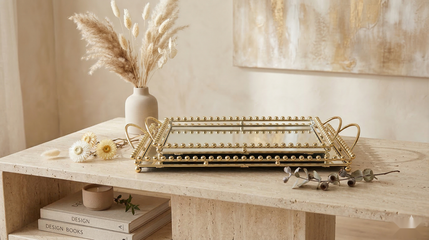 Gilded Bead Mirrored Serving Trays