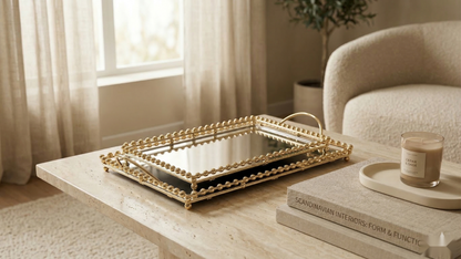 Gilded Bead Mirrored Serving Trays